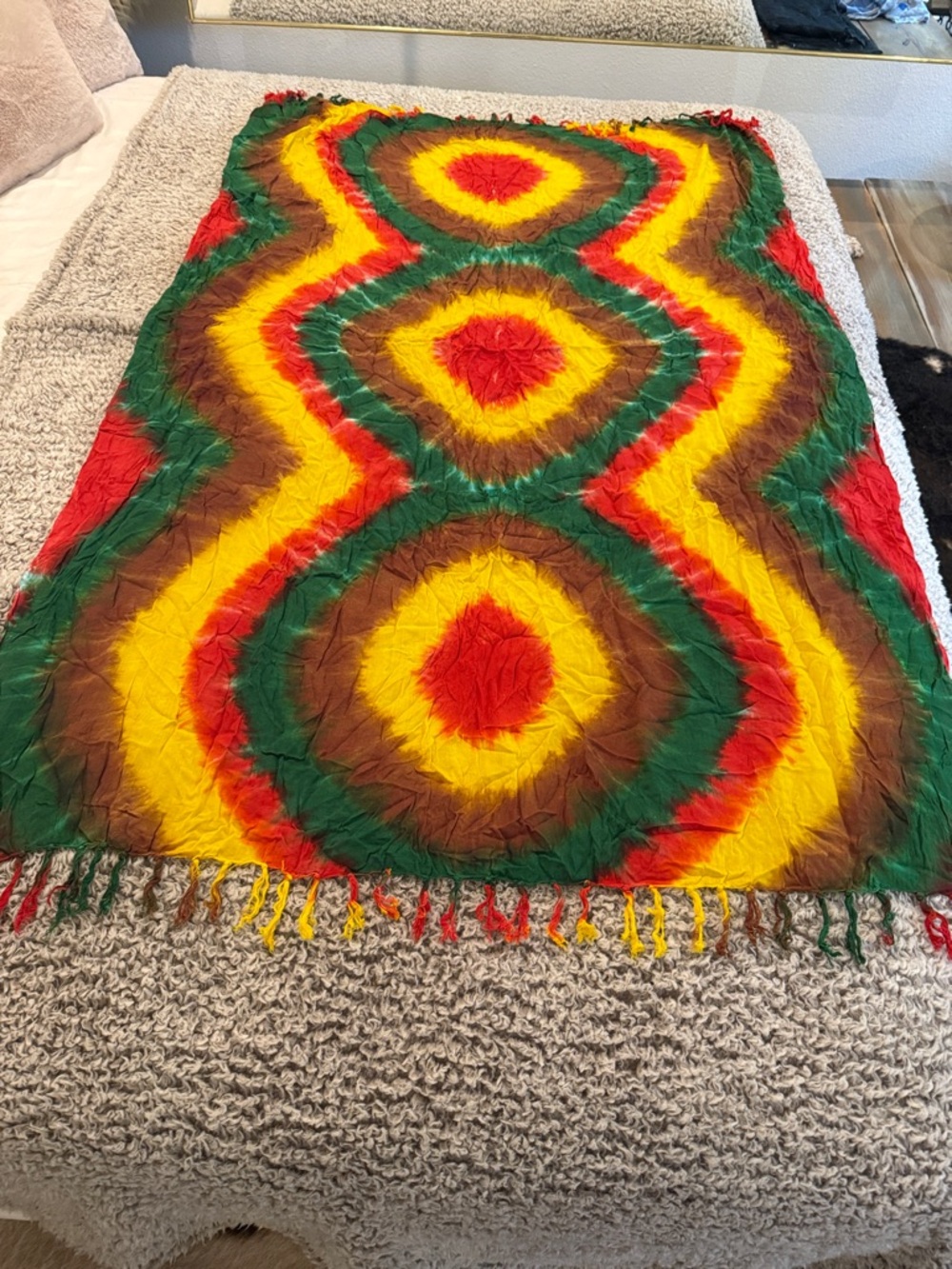 Vibrant Tie-Dye Fringe large Scarf - Red, Yellow, Green, Brown